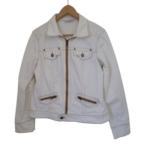CAbi White Denim Jacket With Button Accents & Zippered Pockets Women's Size M - Picture 1 of 8